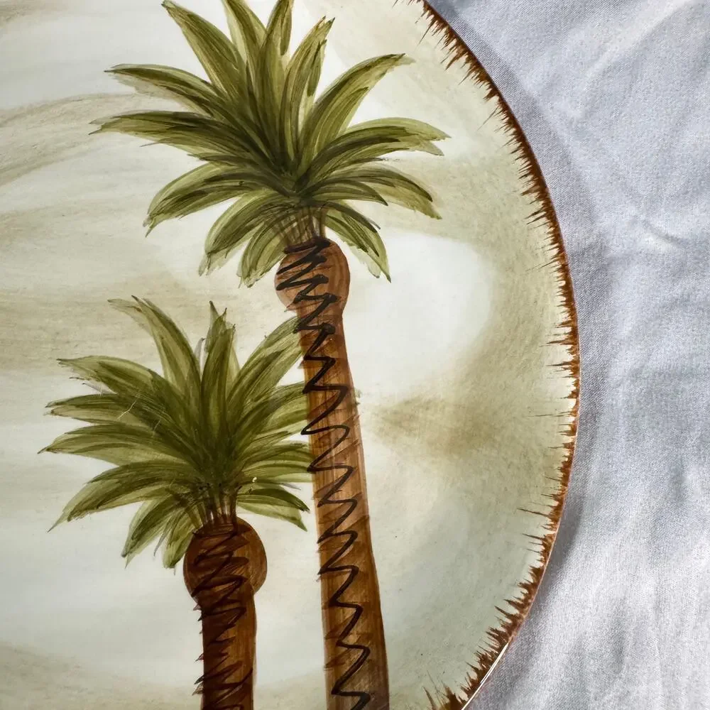 Set of 2 Z Gallerie Fiji Hand Painted Palm Tree Plates 9